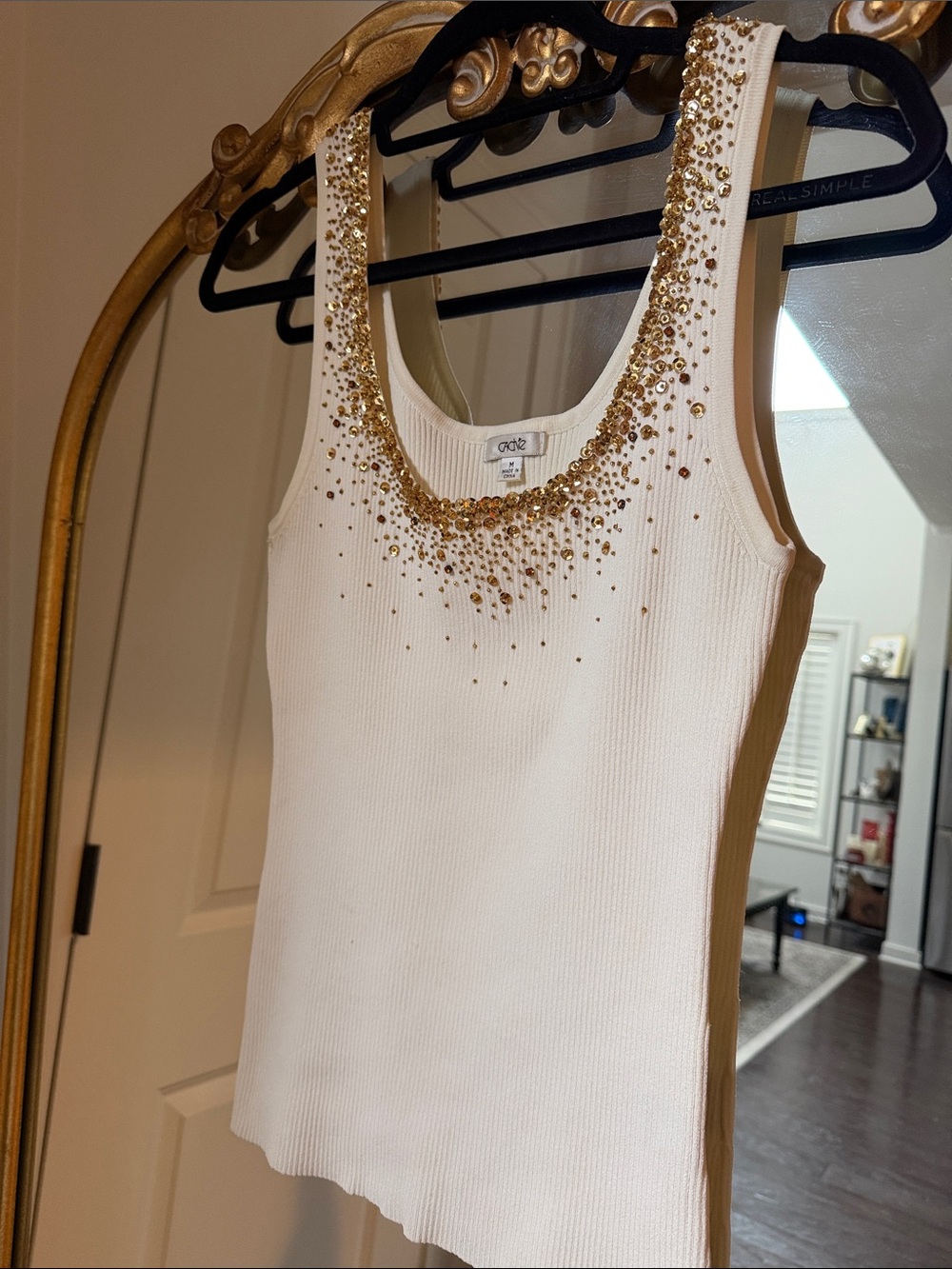 Y2K Vintage Caché White Embellished Neck Tank Top, Size Medium